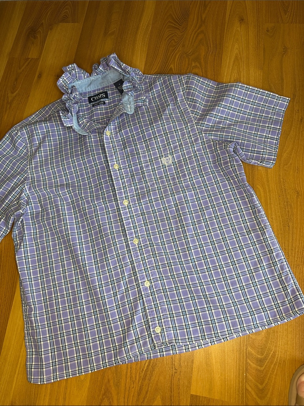 Chaps Purple Plaid Short-Sleeve Button-Down Shirt Ruffled collar